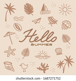 Beach set. Summer. Banner with the inscription. Minimalistic set in pastel colors. Simple color vector illustration.