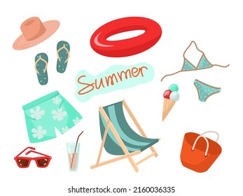 Beach set of summer elements: swimming suit, sunglasses, inflatable ring, ice-cream, hat, flip flops,  sun lounger