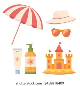 Beach set with sun protection elements.  Hot weather. Beach accessories. Beach umbrella, sand castle, sunglasses, sun hat, SPF. Vector illustration in flat style