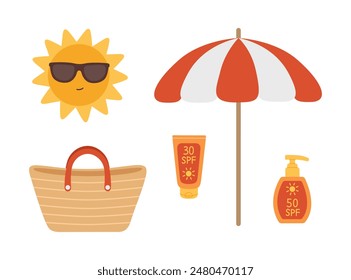 Beach set with sun, umbrella, bag and sunscreen. Summer tan collection. Vector flat illustration isolated on white background
