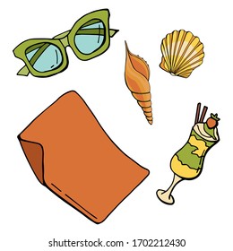Beach set. Sunglasses, a refreshing cocktail, beach mat, seashells. Cartoon style illustration. White background, isolate. Stock Illustration.