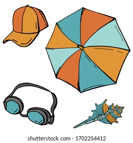 Beach set. Beach umbrella, baseball cap, diving goggles, seashell. Cartoon style illustration. White background, isolate. Stock Illustration.