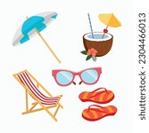 Beach set. Beach umbrella, summer slippers. Beach chair. Sunglasses. Tropical cocktail.