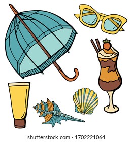 Beach set. Beach umbrella, sunscreen, cocktail, sunglasses, seashells. Cartoon style illustration. White background, isolate. Stock Illustration.