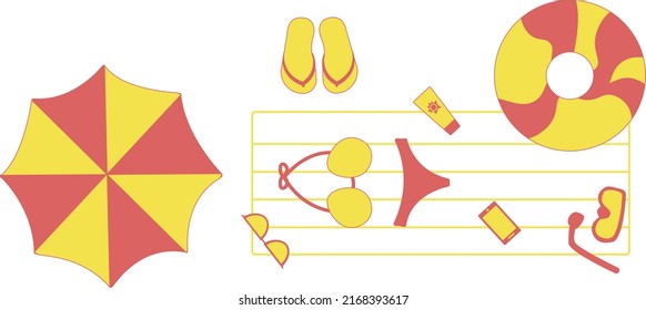 Beach Set. Vector flat illustration. Red and yellow accessories on white background.