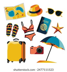 Strandset Vektorillustration mit Koffer, Karte, Hut, Badeanzug, Sonnenbrille, Sonnenschirm, Pass und Kamera. Perfekt für die Förderung von Reisen, Sommerferien und Strandaktivitäten. Ideal für Banner