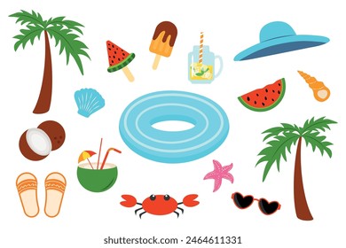 Beach set. Vector illustration of summer elements for leisure, swimming ring, hat, flip flops, sunglasses, ice cream.