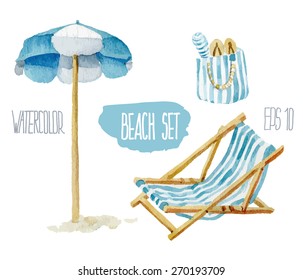 Beach set. Vector Watercolor illustration.