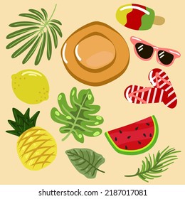 Beach set watermelon, lemon, pineapple, hat, flip-flops. Beach set for relaxation. Flat and hand-drawn design. Greeting and invitation cards. 