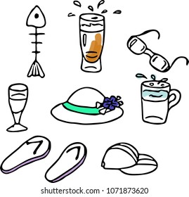 Beach set.Beachwear, drinks, snacks. Vector illustration.