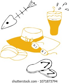 Beach set.Beachwear, drinks, snacks. Vector illustration.