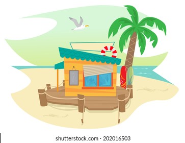 Beach Shack - Cute beach shack and a palm tree, surfboards, flying seagull and an ocean view in the background. Eps10