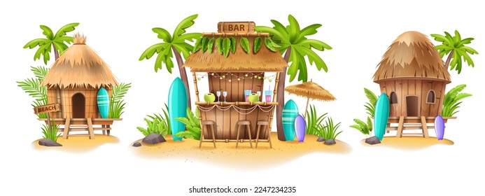 Beach shack house, Hawaiian bamboo hut bar surfboard, vector surfing bungalow, tropical plants. Summer cartoon island building, exotic vacation camping straw roof. Beach shack seashore sand clipart svg