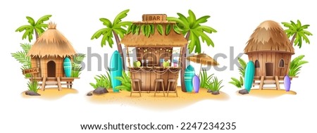 Beach shack house, Hawaiian bamboo hut bar surfboard, vector surfing bungalow, tropical plants. Summer cartoon island building, exotic vacation camping straw roof. Beach shack seashore sand clipart [[stock_photo]] © 