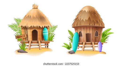 Beach shack house, vector bamboo hut, Hawaiian surfing bungalow, surfboard, tropical plants, sand. Summer cartoon island building, straw roof, exotic vacation camping. Beach shack seashore clipart