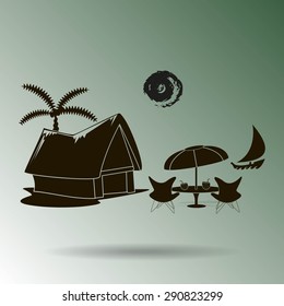 beach shack and a palm tree