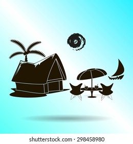 beach shack and a palm tree