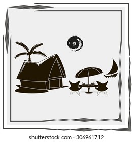 beach shack and a palm tree
