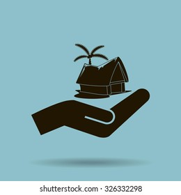 beach shack and a palm tree