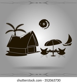 beach shack and a palm tree