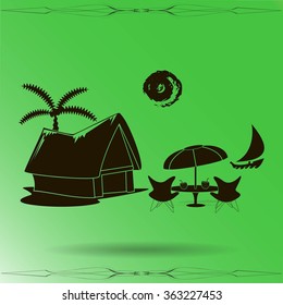 beach shack and a palm tree