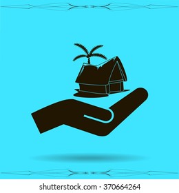 beach shack and a palm tree