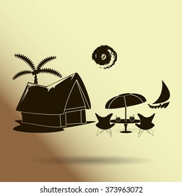 beach shack and a palm tree