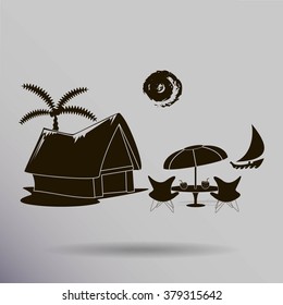 beach shack and a palm tree
