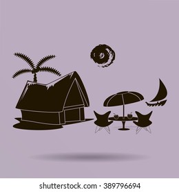 beach shack and a palm tree