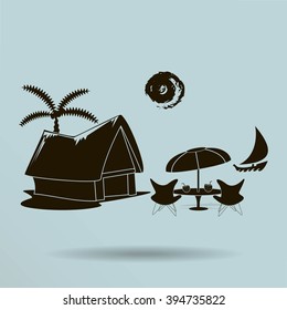 beach shack and a palm tree