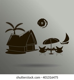 beach shack and a palm tree