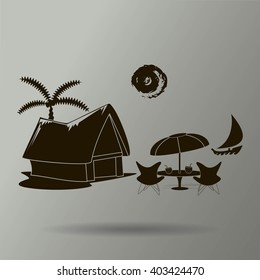beach shack and a palm tree