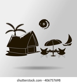 beach shack and a palm tree