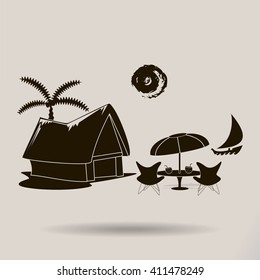 beach shack and a palm tree