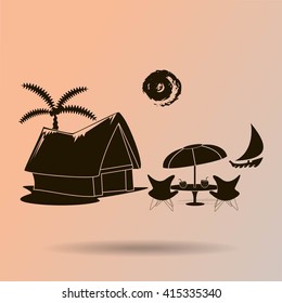 beach shack and a palm tree