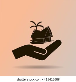 beach shack and a palm tree