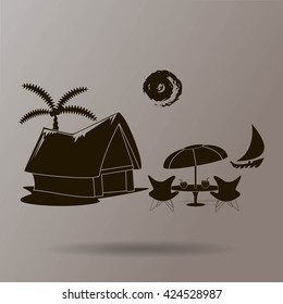 beach shack and a palm tree