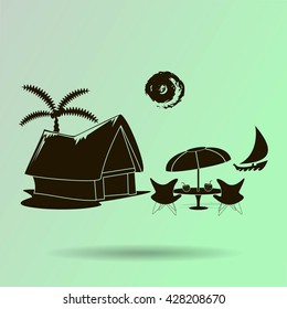 beach shack and a palm tree