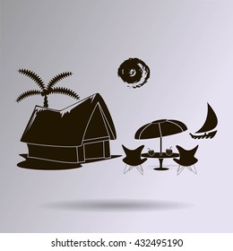 beach shack and a palm tree