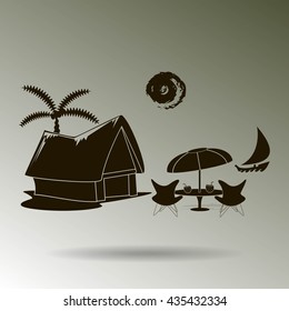 beach shack and a palm tree