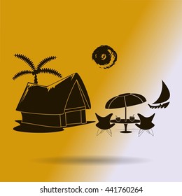 beach shack and a palm tree