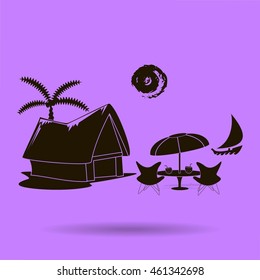 beach shack and a palm tree