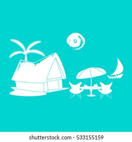 beach shack and a palm tree
