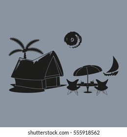 beach shack and a palm tree