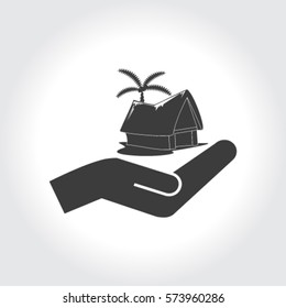 beach shack and a palm tree
