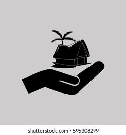 beach shack and a palm tree