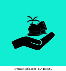beach shack and a palm tree