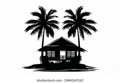 Beach Shack Silhouette Clip art, Beach House black Silhouette Vector