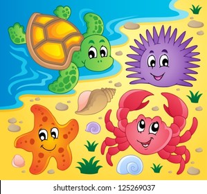 Beach with shells and sea animals 3 - vector illustration.