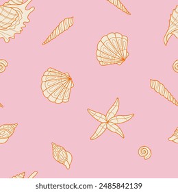 Beach shells seamless pattern. Vector background in pastel colors. Summer pattern for wrapping paper, wallpaper, notebook cover.